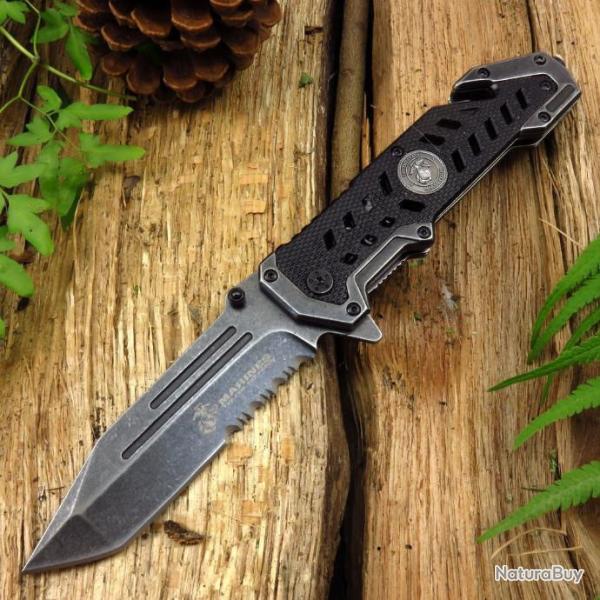 Couteau USMC Marines Rescue A/O Lame Tanto Acier Inox Manche Alum Linerlock Clip USMA1052SW
