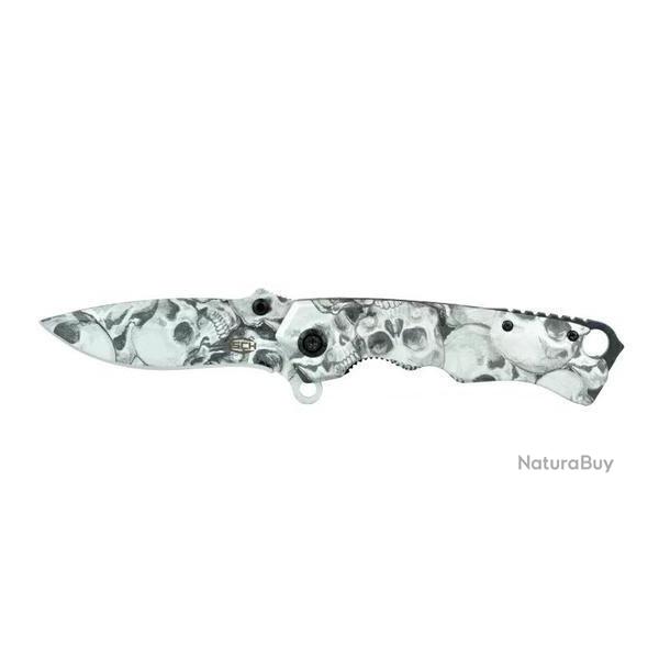Couteau pliant d�cor� t�te de mort grise  lame de 8.5 cm