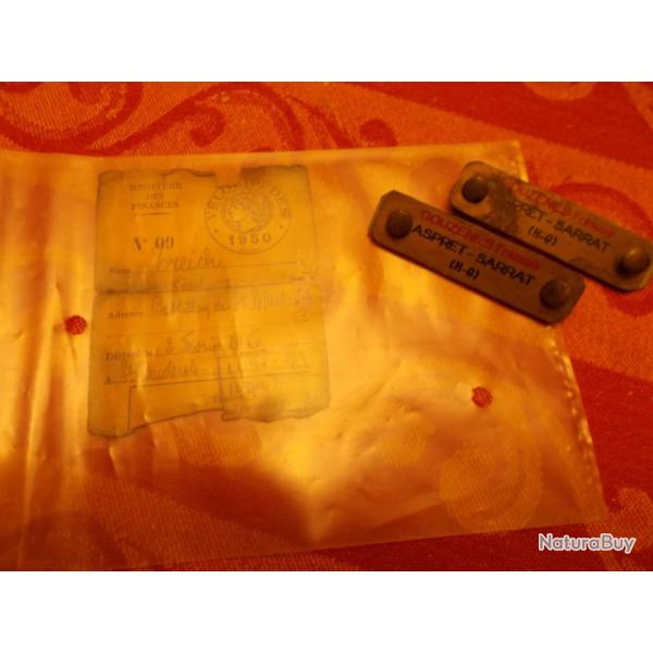 Carte TAXE bicyclette V�lo des ann�es 1950 avec 2 plaques