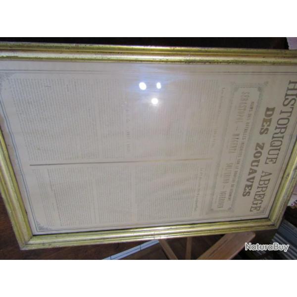 Historique des Zouaves 4� r�giment de imprim� � Tunis dat� 1897 cadre fond bois