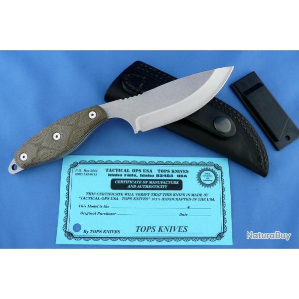 Couteau Tops Scandi Woodsman Acier 1095 Manche Green Micarta Etui Cuir USA TPSWOOD35