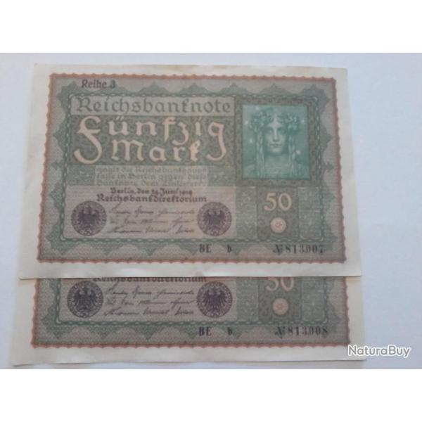 lot de 2 billets 50 marck de 1919 avec les 2 N� de serie qui ce suivent N�813007 et N�813008