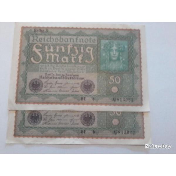 lot de 2 billets 50 marck de 1919 avec les 2 N� de serie qui ce suivent N�813021 et N�813022