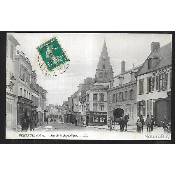breteuil rue de la r�publique , attelage , commerces, clocher, �picerie  , oise , picardie