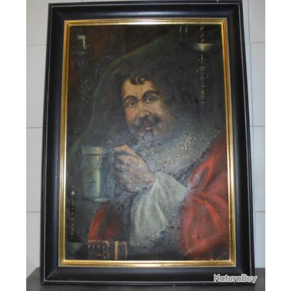 SUPERBE GRAND TABLEAU TAVERNE MOUSQUETAIRE DU ROI PEINTURE A L'HUILE SUR TOILE 92.5x66cm Dbut XXme