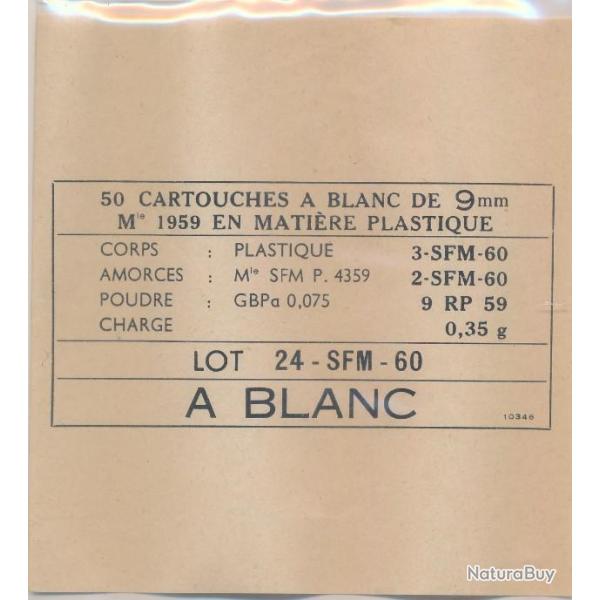 Etiquette neuve..9 PARA  France par SFM A BLANC   pour arme francaise 1960