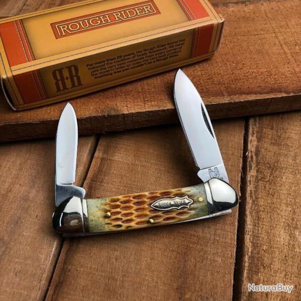 RR048 Couteau Rough Rider Canoe Amber Jigged Bone 2 Lames Acier 440 Manche Os