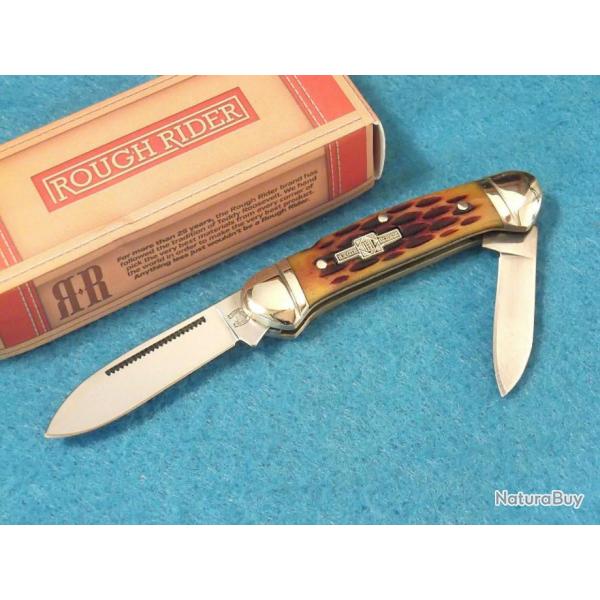 RR058 Couteau Rough Rider Mini Canoe Amber Jigged 2 Lames Acier 440 Manche Os