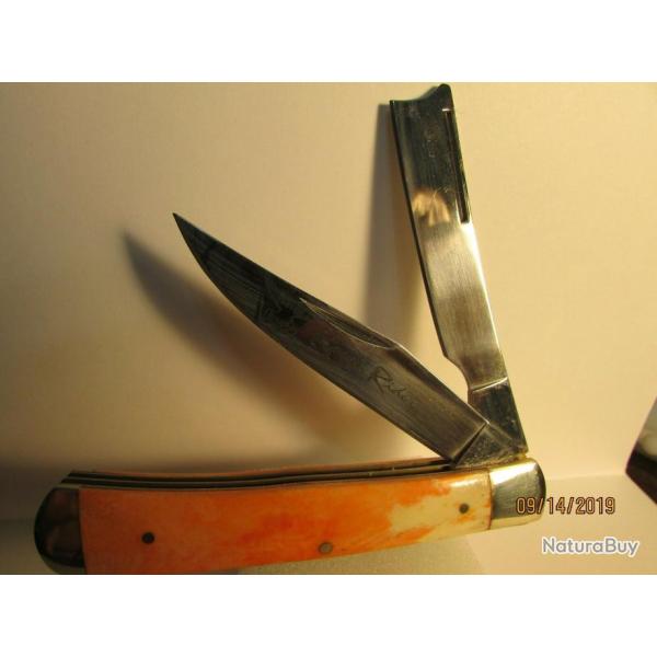 RR073 Couteau Rough Rider Razor Trapper Orange Lame Acier 440 Manche Os
