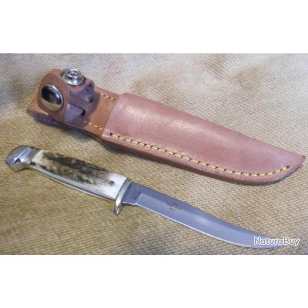 RR090 Couteau Skinner Rough Rider Lame Acier 440 Manche Bois De Chevreuil Etui Cuir
