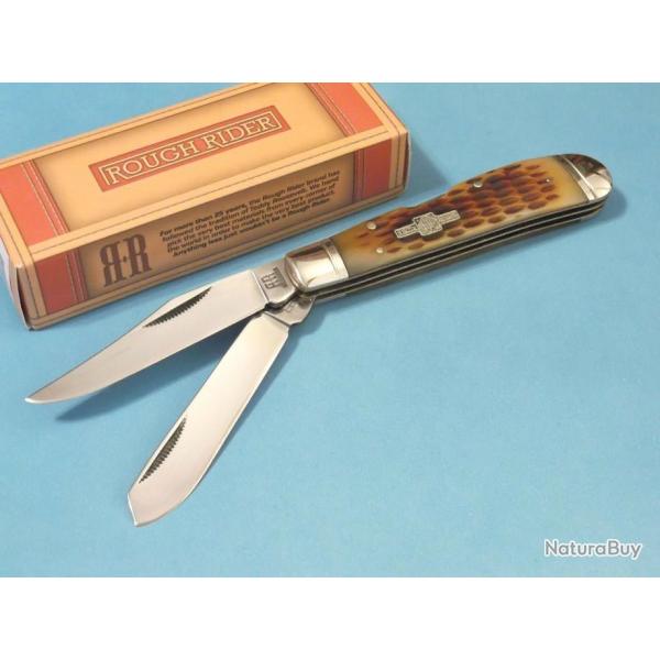 RR1069 Couteau Rough Rider Lockback Trapper Amber Bone Manche Os 2 Lames Acier 440