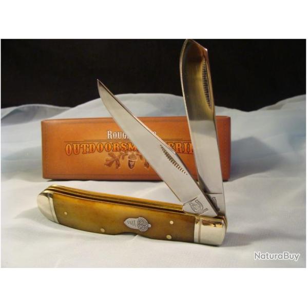 RR1070 Couteau Rough Rider Lockback Trapper Amber Bone Manche Os 2 Lames Acier 440