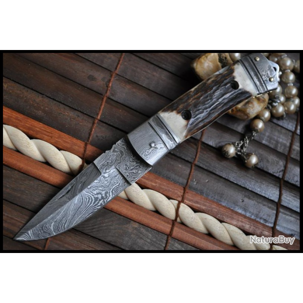 Tr�s beau Couteau pliant damas, plaquettes de bois de Cerf - livr� avec �tui en cuir cousu main