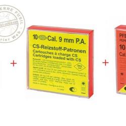 Lot de cartouches pour pistolet d'alarme 9mm - 20 cart. &agrave; blanc + 10 cart. gaz CS + 10 cart. gaz poi