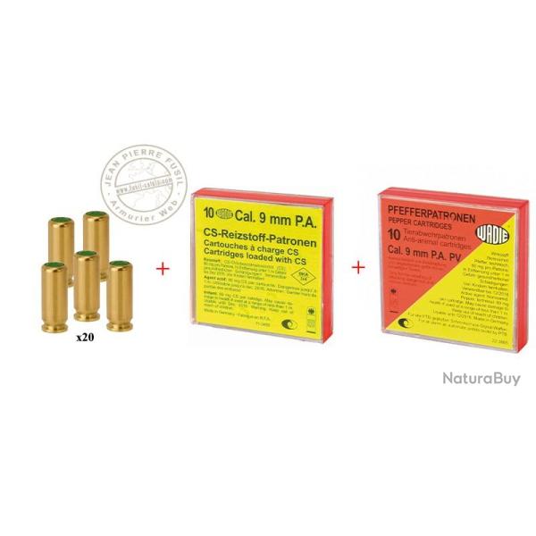 Lot de cartouches pour pistolet d'alarme 9mm - 20 cart. � blanc + 10 cart. gaz CS + 10 cart. gaz poi