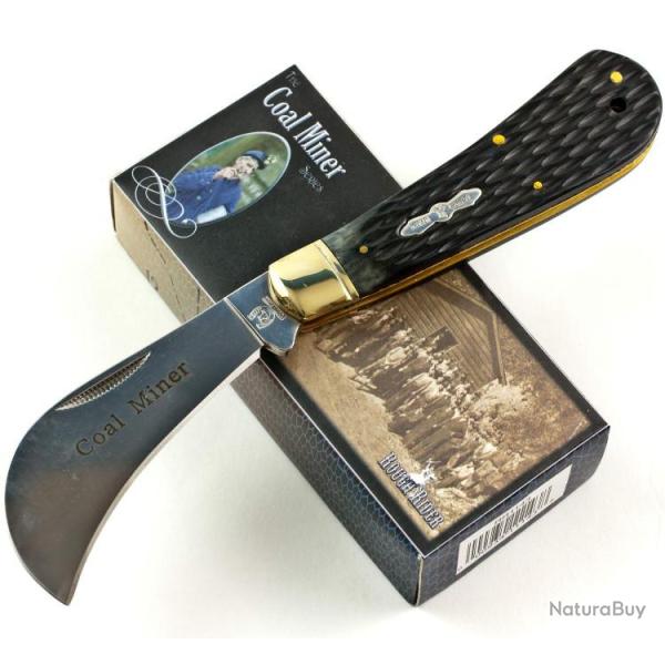 RR1143 Couteau Rough Rider Coal Miner Hawkbill Lame Acier 440 Manche Os Black Couteau Serpette