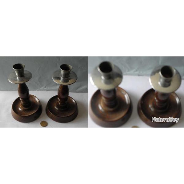 vintage paire bougeoir en bois et chrome