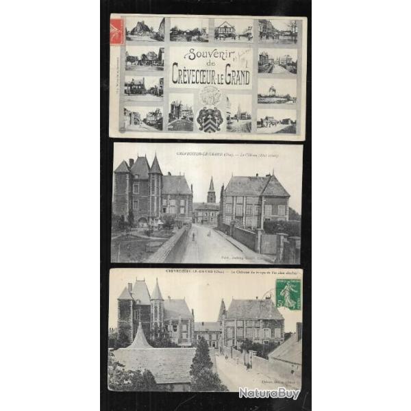 crvecoeur le grand  oise cartes postales anciennes lot de 3 cpa , chateau et souvenir de