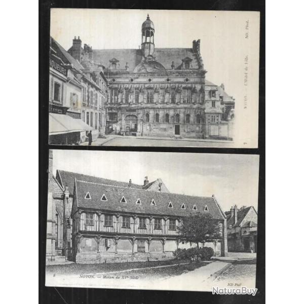 noyon oise cartes postales anciennes lot de 2 cpa , hotel de ville maison du XVe si�cle , commerces