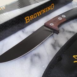 Couteau Bushcraft Browning Lame Acier 3Cr13 Manche Bois Black/Brown Etui Nylon BR0372