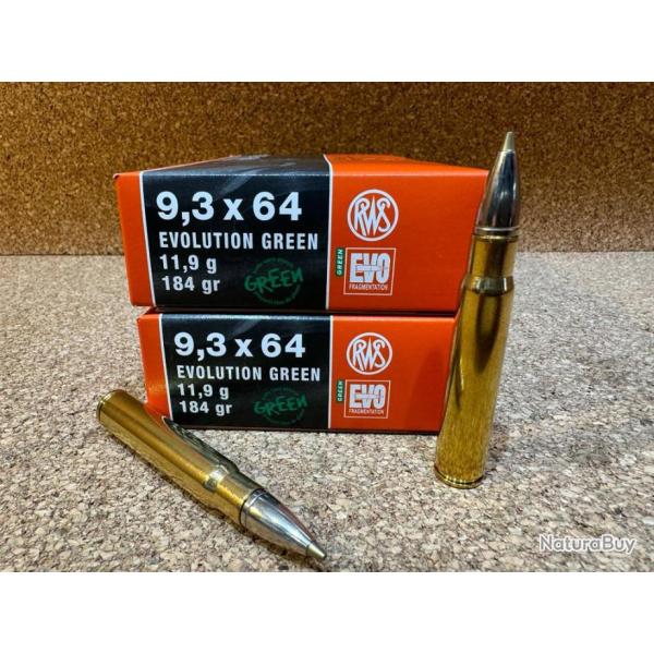 2 BOITES DE MUNITIONS RWS 9,3x64 EVO GREEN 11,9 GR