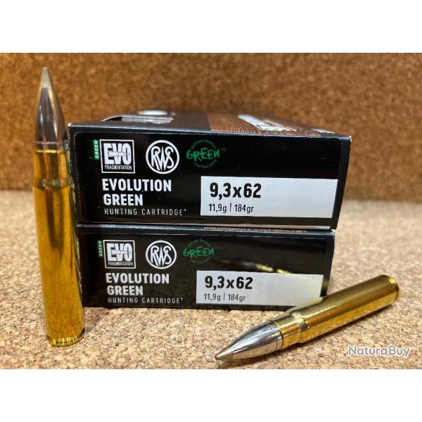 2 BOITES DE MUNITIONS  RWS 9.3x74R EVO GREEN 11.9GR