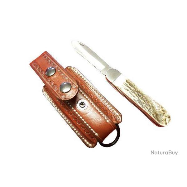 Couteau pliant , manche bois de cerf , lame 7,8cm acier inox avec �tui cuir fabrication artisanale