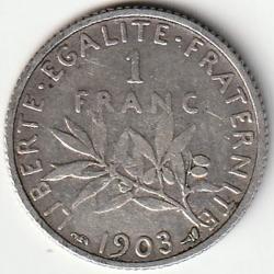 Pi&egrave;ce De Monnaie France 1 franc Semeuse Argent 1903 Rare