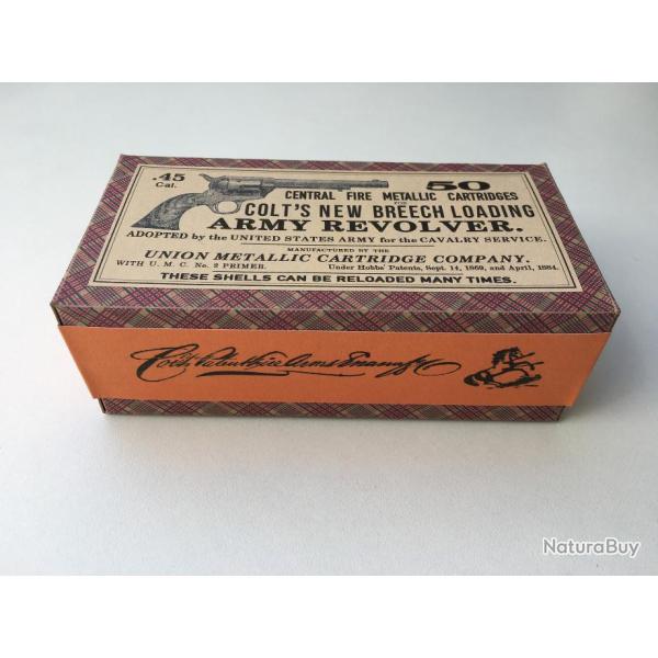 Boite DECO 45 Long Colt munitions.45 Cal Colt's new Breech loading Army Revolver Antique Old West