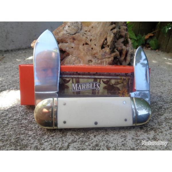Couteau Bouledogue Marbles Sunfish White Smooth Bone 2 Lames Acier Inox Manche Os MR581
