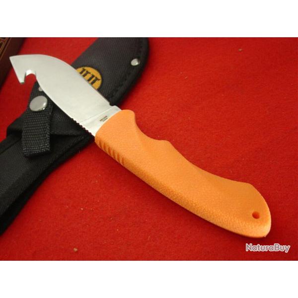 RR1446 Couteau Skinner Rough Rider Guthook Lame Acier inox Manche Orange Abs Etui Nylon