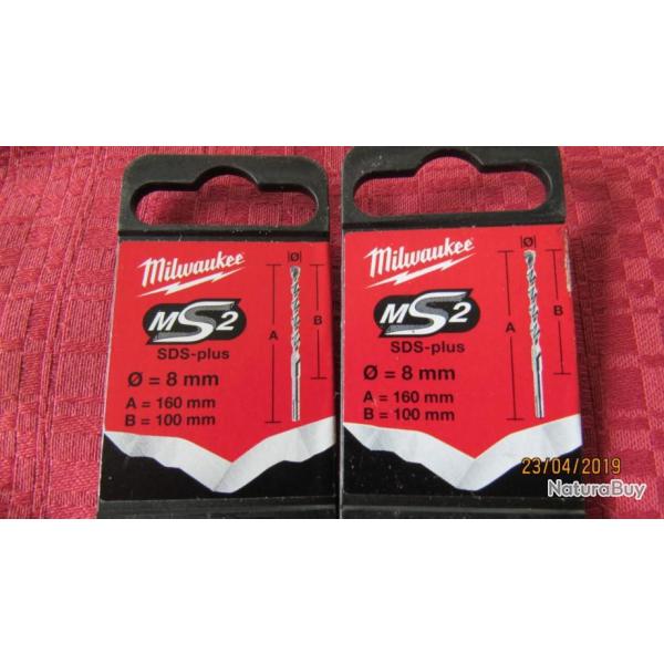 M�che � b�ton Milwaukee 8 et 6 x160 SDS plus, lot de 2 pi�ces.