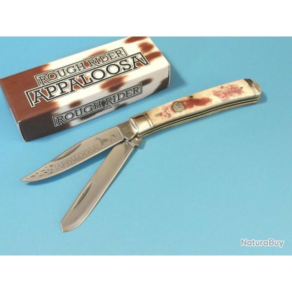 Couteau Rough Rider Appaloosa Trapper Bone Lames Acier 440 Manche Os  RR1406