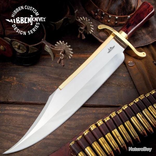 Couteau Hibben Old West Bowie Lame Acier Inox Manche Bois Etui Cuir Garde Plaque Or GH5069
