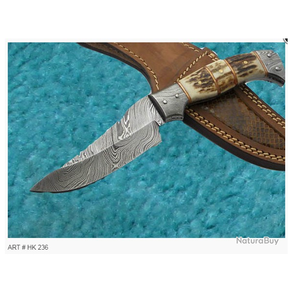 COUTEAU DE CHASSE - LAME DAMAS ET BOIS DE CERF - GARDE ET TALON DAMAS