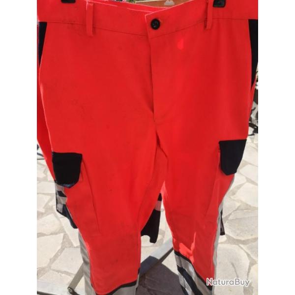 Pantalon travail s�curit� orange bleu marine bandes r�fl�chissantes occasion paysan chasseur
