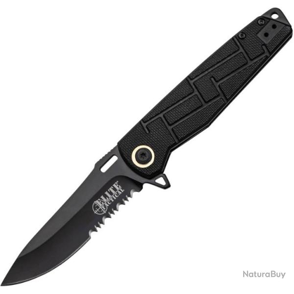 Couteau Elite Tactical Lame Acier 8Cr13MoV Serr Manche Black Nylon Linerlock Clip ETA001BKS