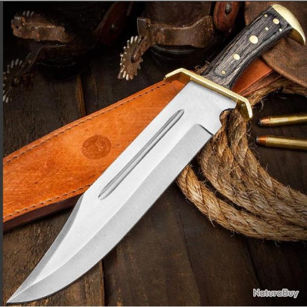 PA3349 Couteau de Chasse Bowie Lame Acier Inox Manche Bois Etui Cuir Couteau de Trappeur