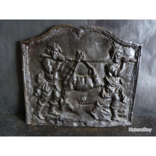 plaque de chemin�e pour pavillon de chasse  retour de chasse cerf au moyen age