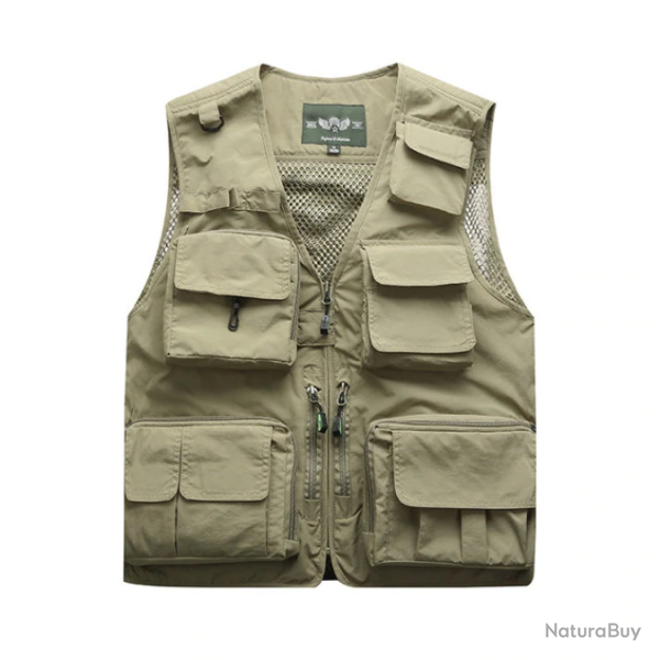 Gilet multi-poches mixte, beige, taille S, M ou 6XL.