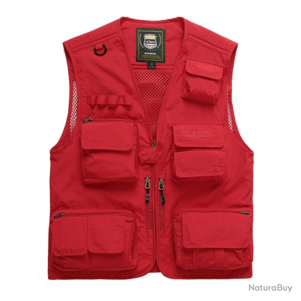 Gilet multi-poches mixte, rouge, taille S, M ou 6XL..