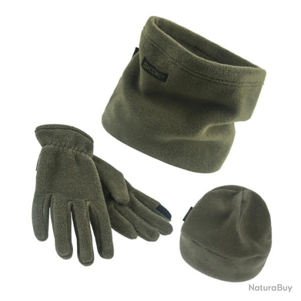 Ensemble 3 pi�ces polaire, bonnet+gants+�charpe, kaki, taille M.