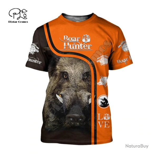 Tee-shirt impression chasse sanglier, tailles du S au 5XL.