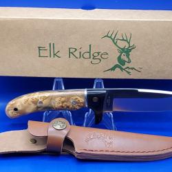 Couteau ELK RIDGE HUNTER CHASSE CAMPING Acier 440 Manche en bois housse en cuir ER065