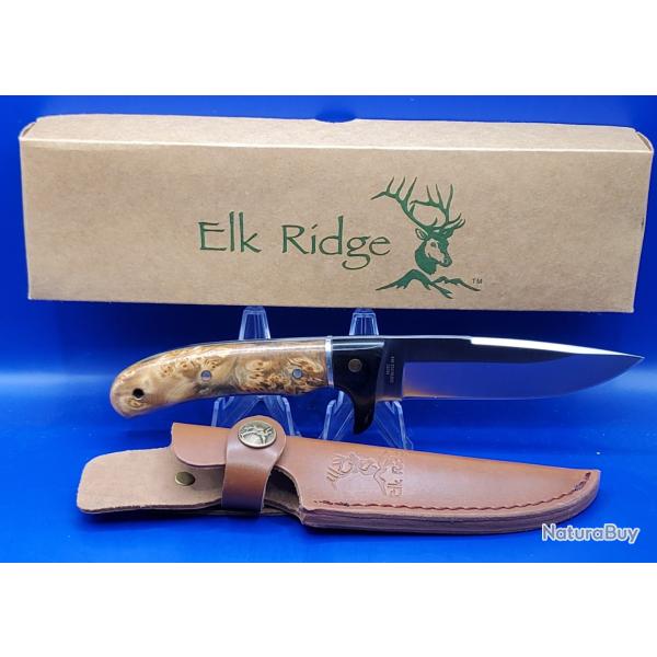 Couteau ELK RIDGE HUNTER CHASSE CAMPING Acier 440 Manche en bois housse en cuir ER065