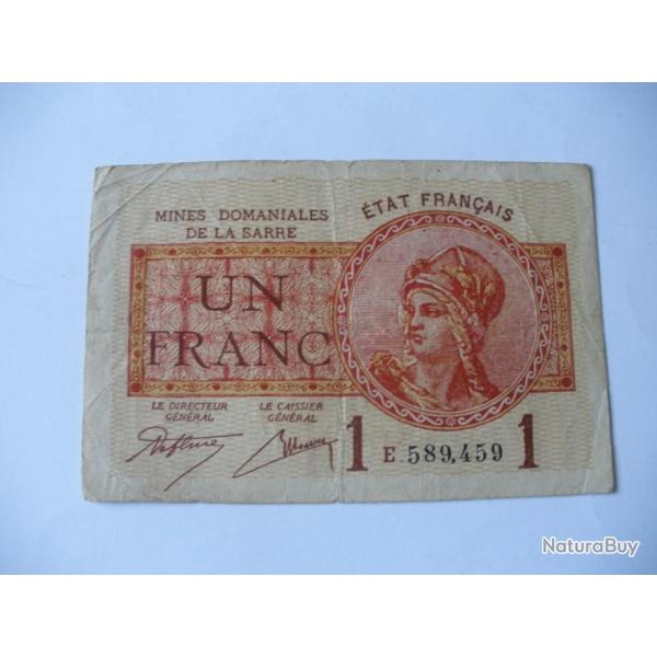 BILLET 1 F MINES DE LA SARRE SERIE E OCCUPATION EN ALLEMAGNE