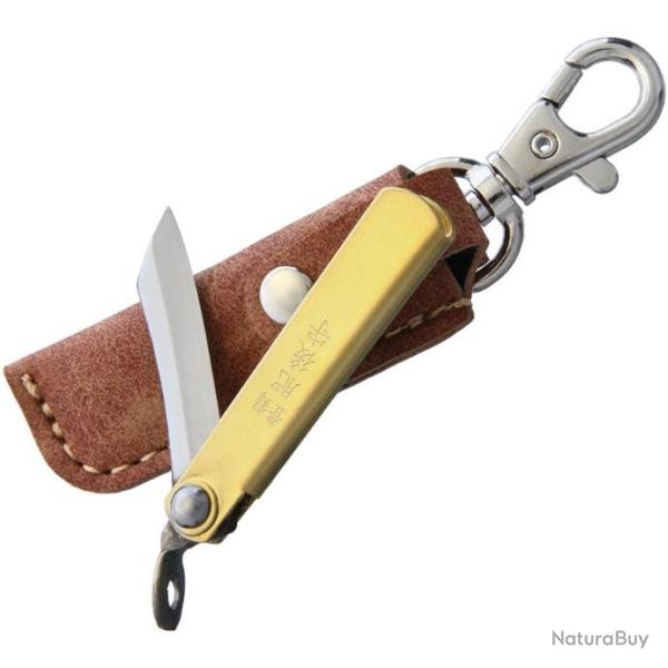 Couteau Traditionnel Japonais Higonokami SK Folder Brass Lame SK5 Manche Laiton Etui Cuir HIGO01BRS