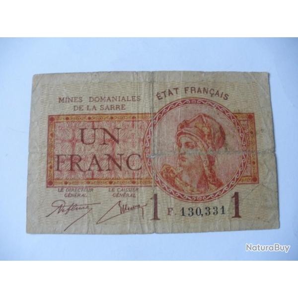 BILLET 1F MINES DE LA SARRE SERIE F OCCUPATION FRANCAISE