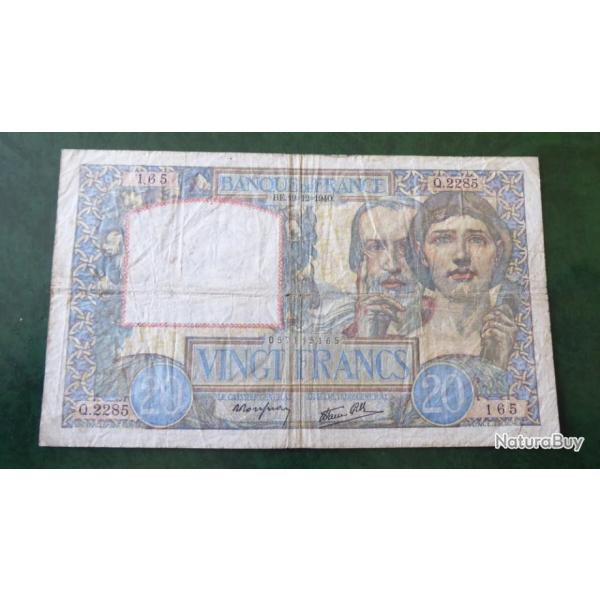 BILLET 20F SCIENCE 19/12/1940 FAY 12/11