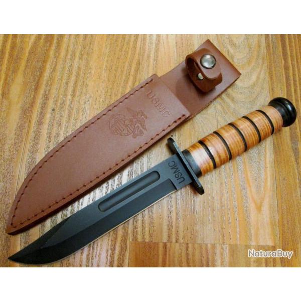Couteau Marines USMC Combat Fighting Lame Acier 420 Manche Cuir Etui Cuir UC3092